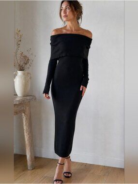 Witchery Off-Shoulder Black Ribbed Maxi Dress